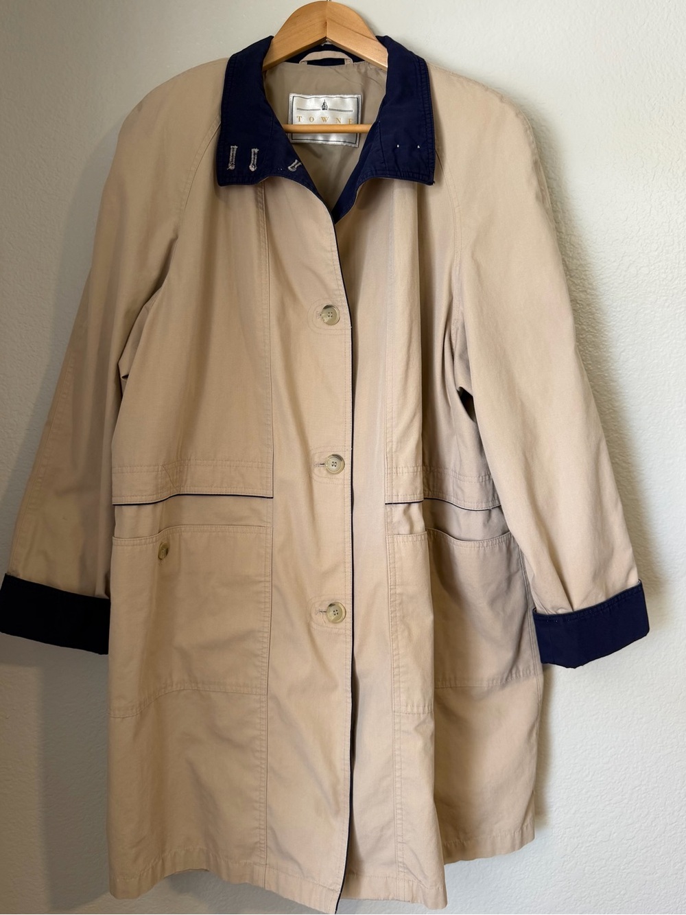 Vintage Towne x London Fog Trench Coat Beige Navy Size 14 Timeless Old Money